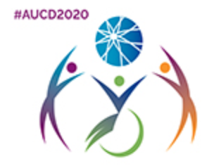AUCD Conference logo - outline of two people standing and one person in wheelchair holding up blue ball, all rainbow